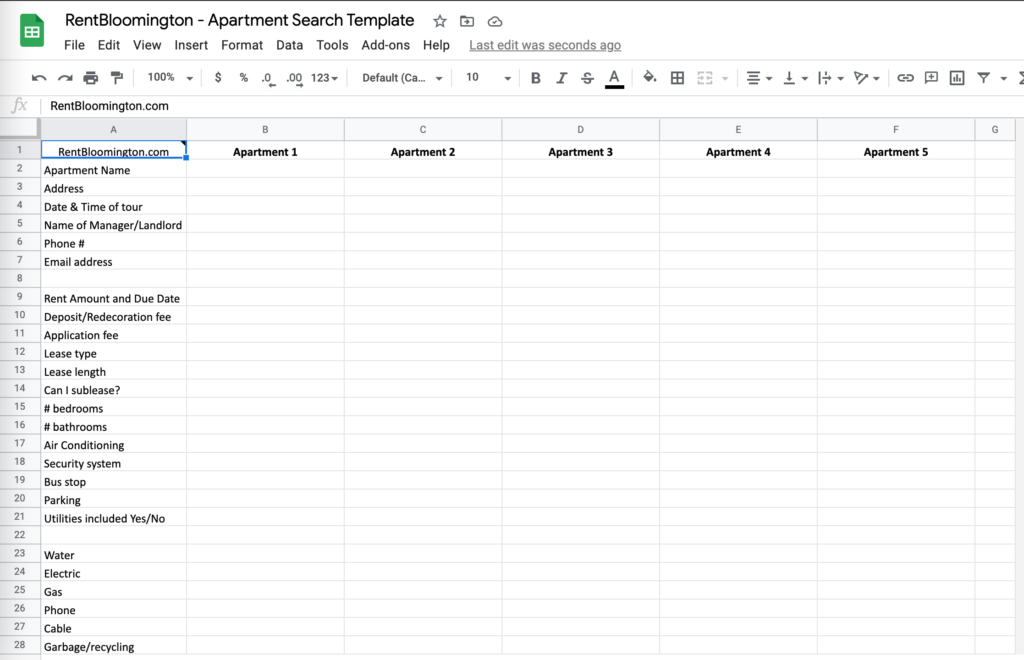 Rent Bloomington - Apartment Search Template Google Spreadsheet