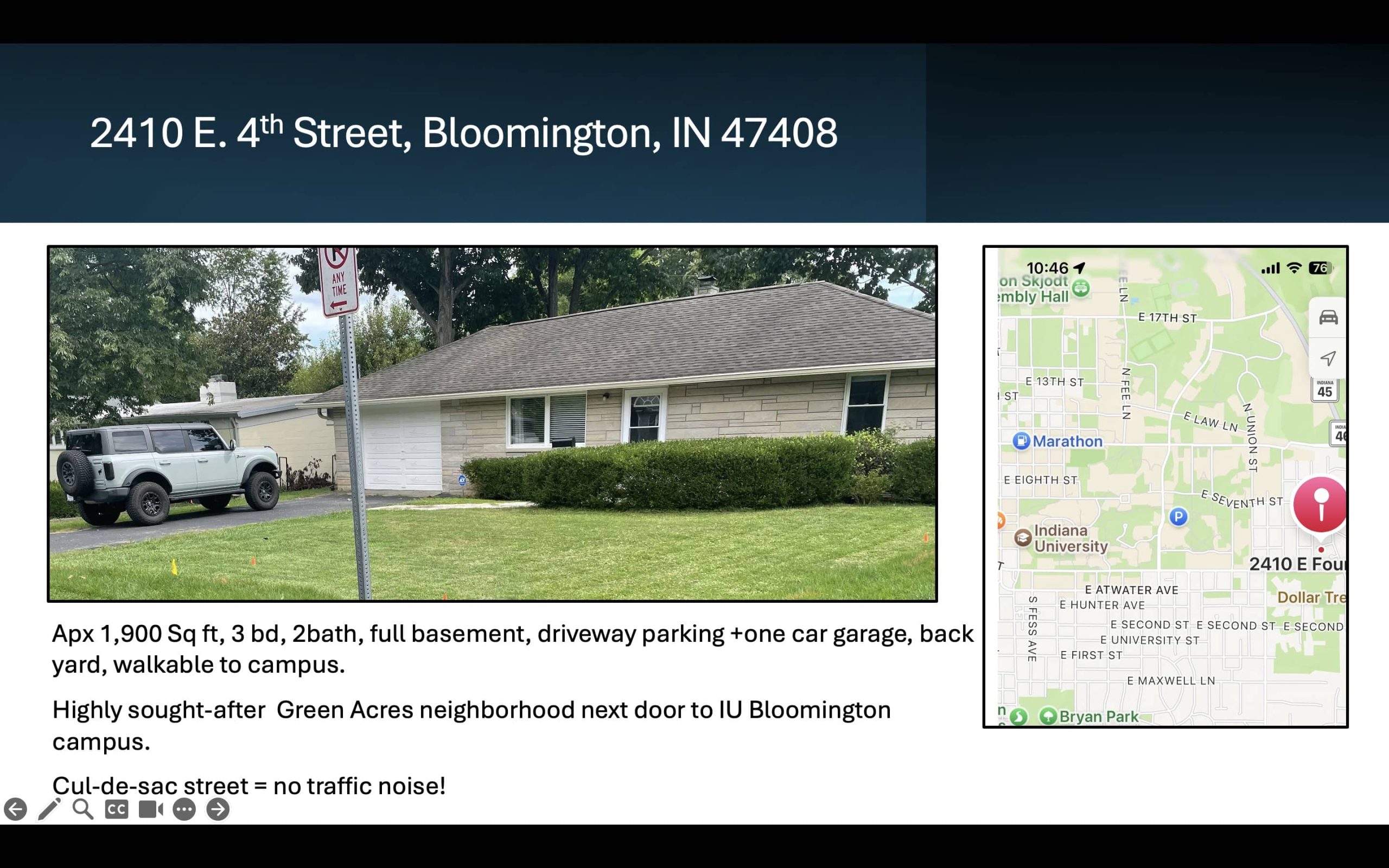 Single-story house with light stone exterior, white garage door, front yard, and a driveway with a parked SUV, located on a quiet cul-de-sac in the Green Acres neighborhood near Indiana University Bloomington